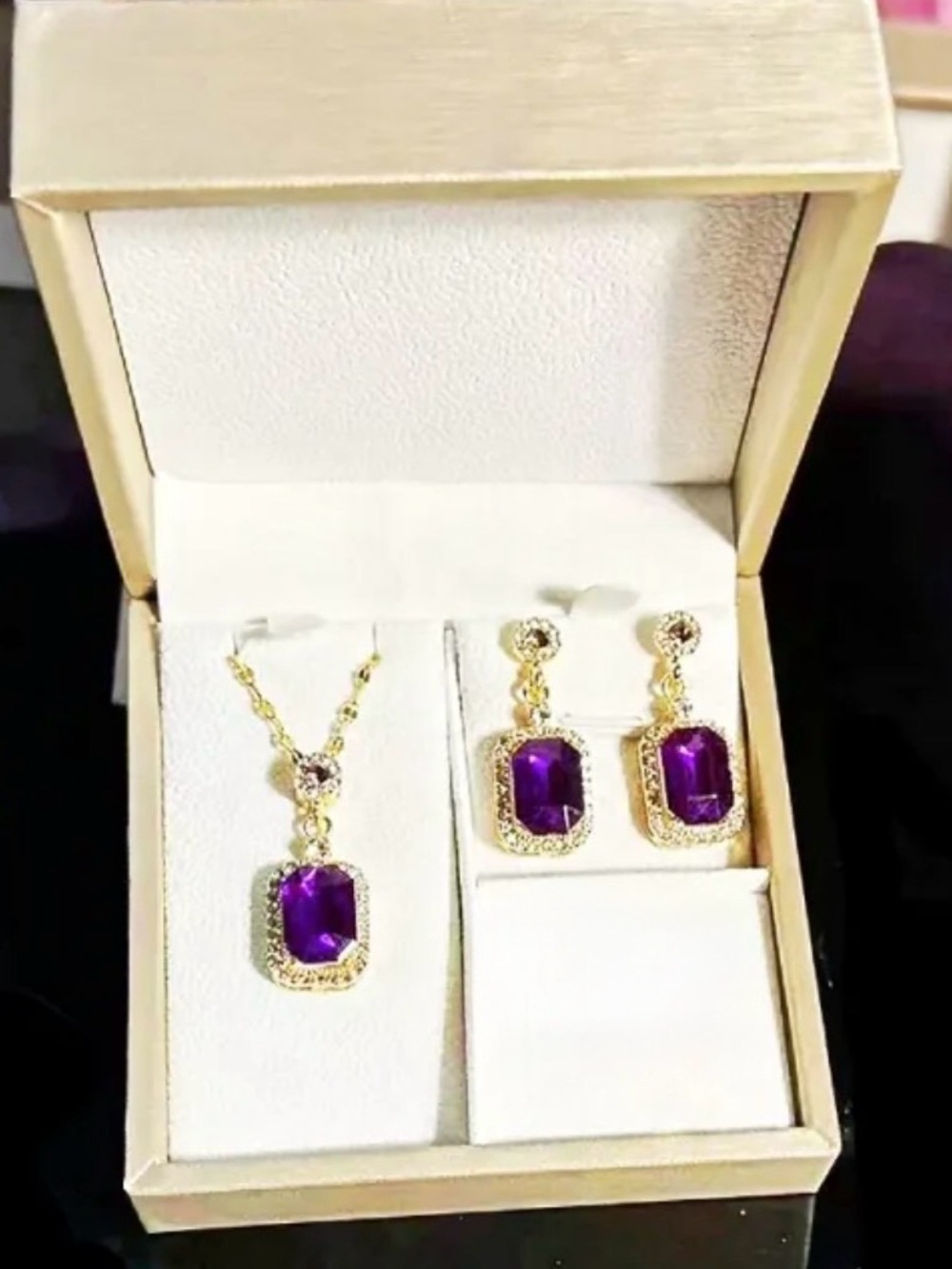 Gold Plated Necklace & Earrings Set with Purple Gemstones
